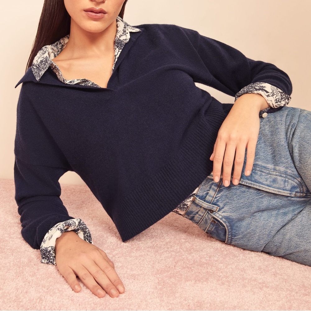 Reformation Navy Blue Polo Cashmere Cropped Sweater Size S Small